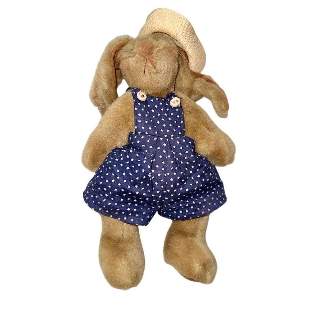 Vintage jointed Plush Bunny 12" with Blue Star Overalls and Straw Hat no label